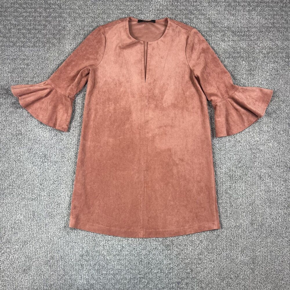 BCBGMAXAZRIA Dress Womens XXS Pink Faux Suede Shift Bell Sleeve Mini Party